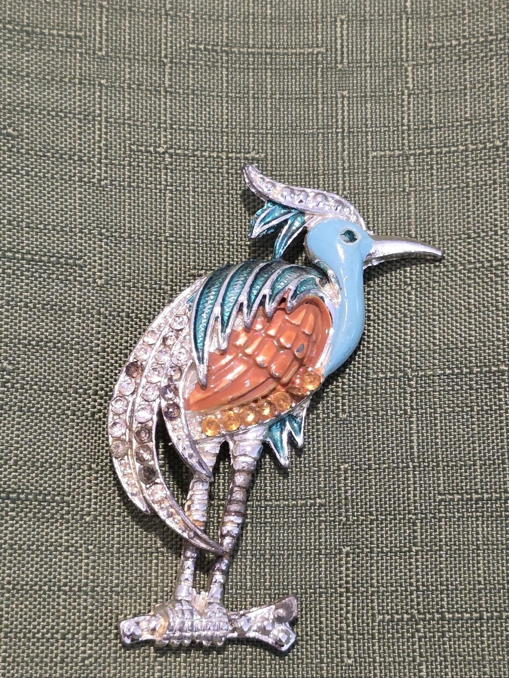 Vintage Enamel Blue and Orange Crystal Bird Brooch